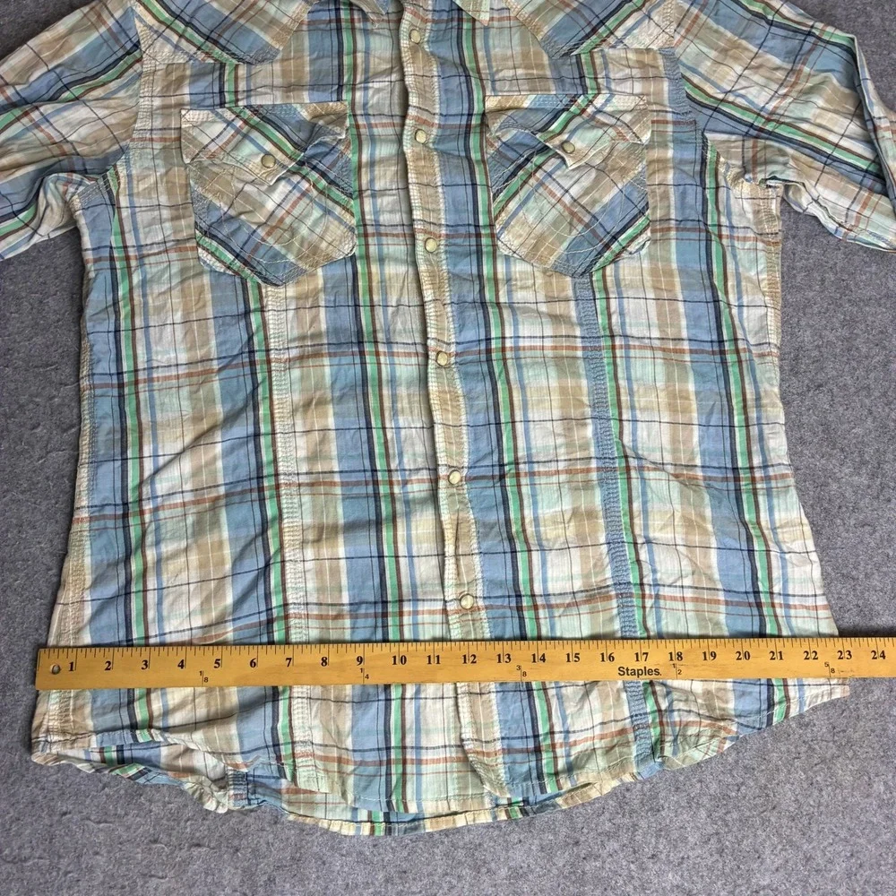 True Religion Men's Size XXL Western Plaid Snap Shirt Blue Green 100% Cotton